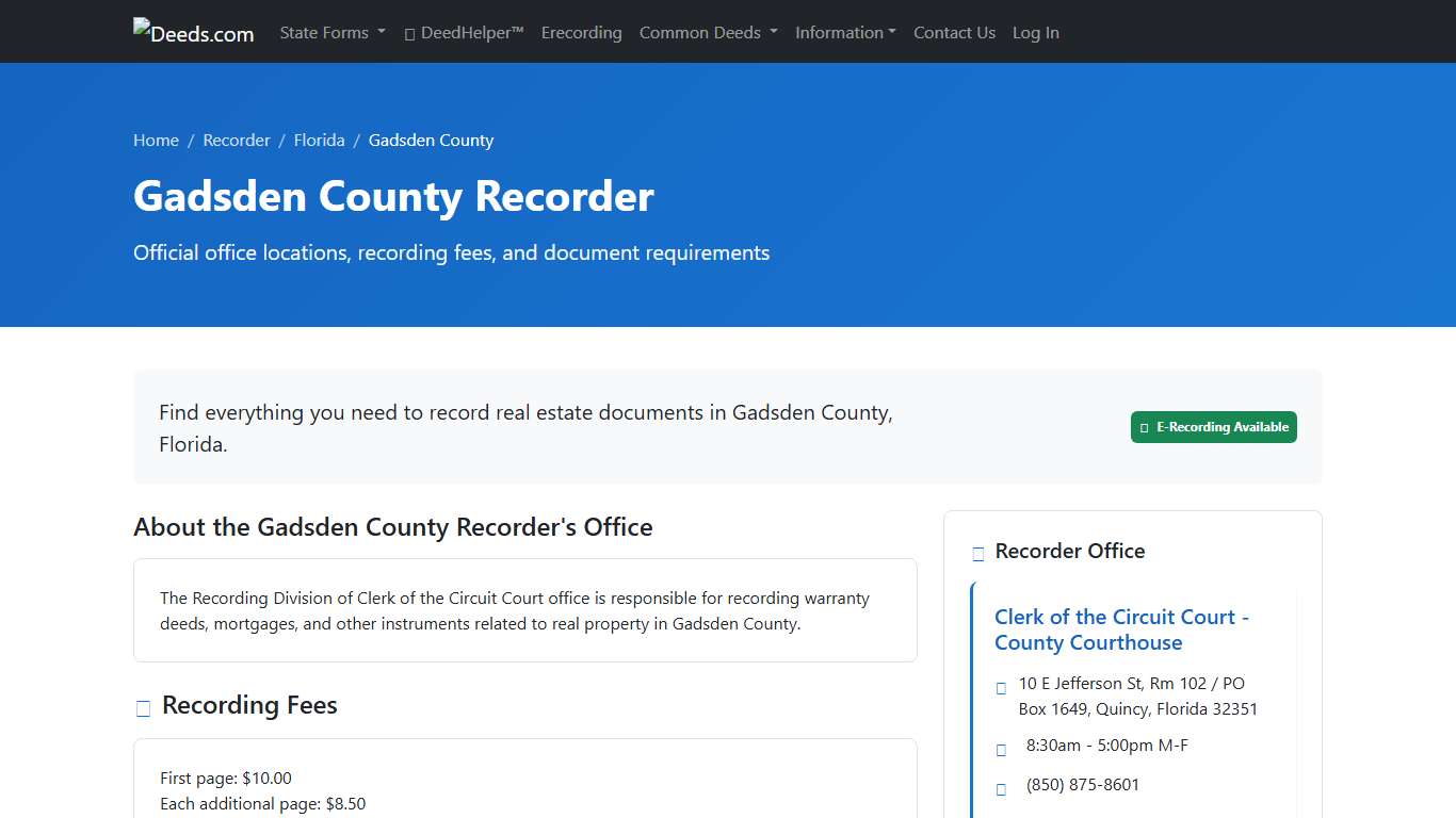 Gadsden County Recorder Information, Florida - Deeds.com