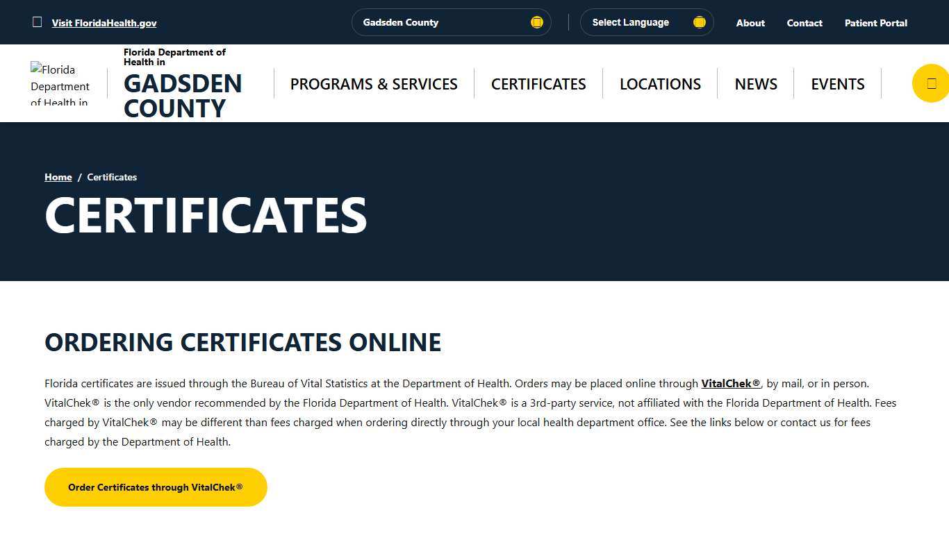 Certificates - Florida Department of Health in Gadsden County